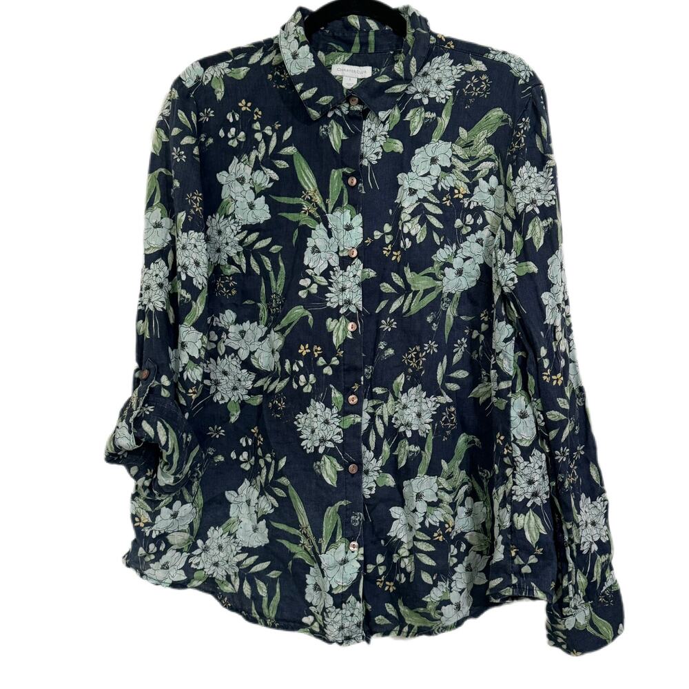Charter Club Womens Dark Floral 100% linen Button Down Shirt Lg Blue Long Sleeve